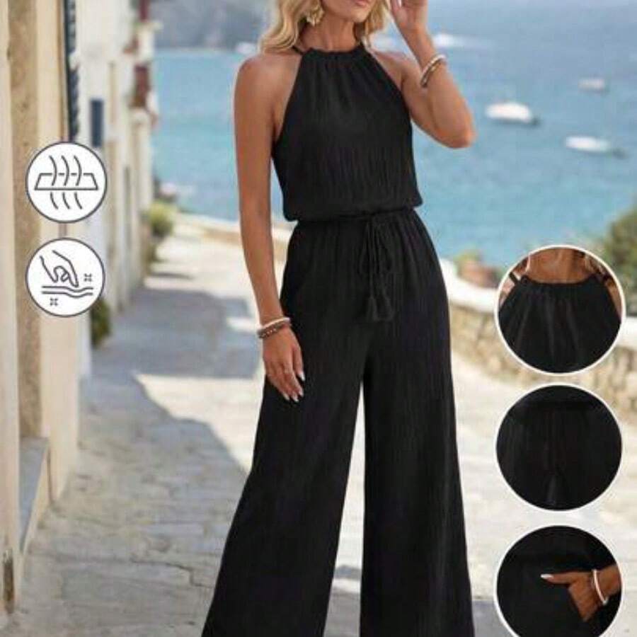 Summer Vacation Casual Solid Color Halter Jumpsuit - Negro - Ver 1