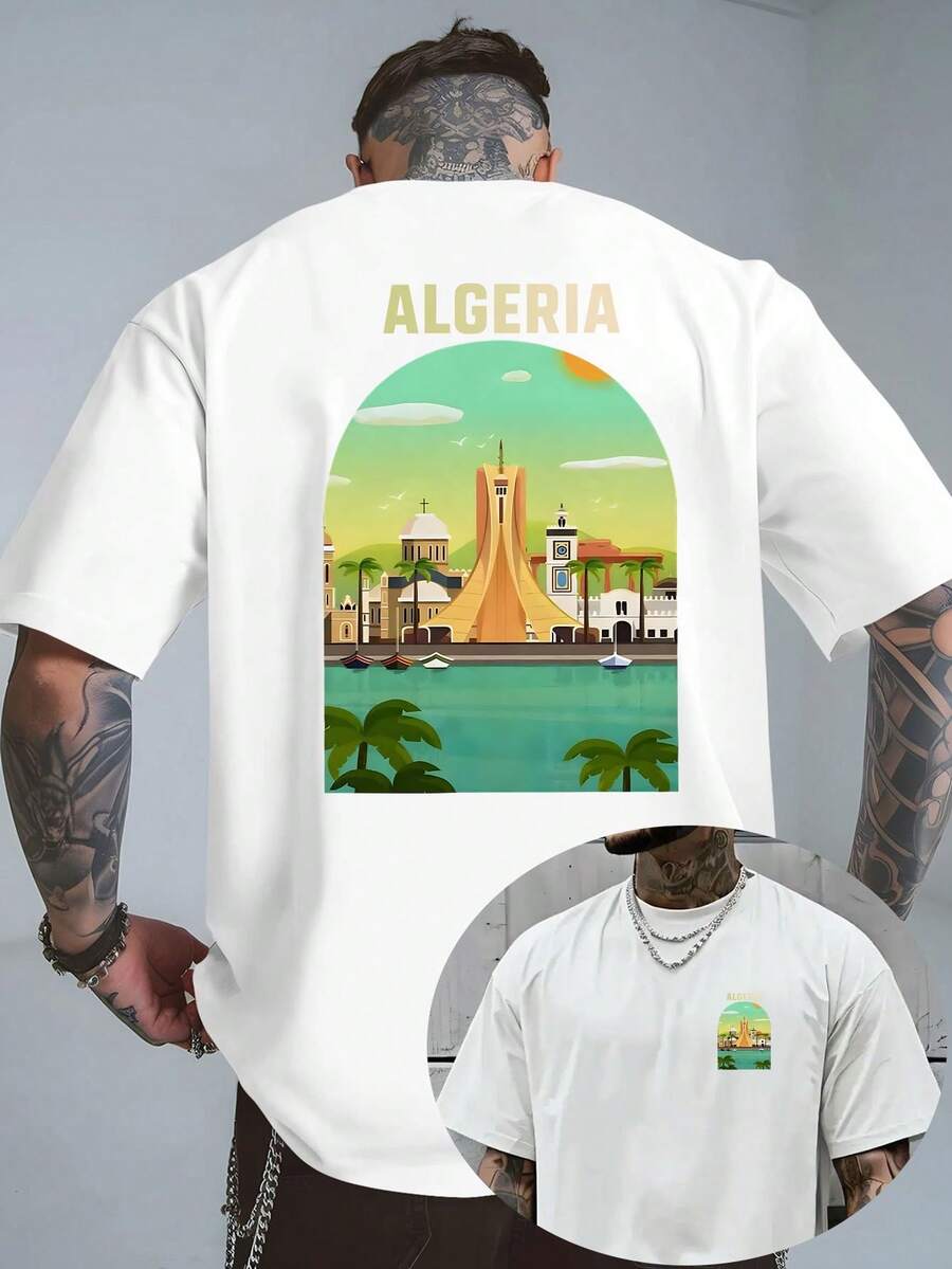 Algeria Fashion: Flat Illustrations Of Sunshine And Coastal Town Poetry And Painting T-Shirt, Double-Sided Print, Crew Neck, Comfortable Cotton, Men's Streetwear - 白色 - 查看 1