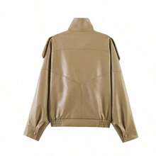 Chaqueta de motociclista vintage de mujer de piel sintética, con cuello alto, cierre con cremallera, diseño holgado de patchwork para el invierno y la primavera - Caqui - Ver 9