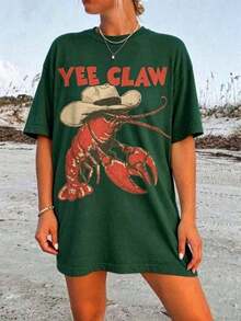 Tops2026 Camiseta Vaquera de Langosta, Camiseta Divertida de Langosta Yee Claw, Camiseta de Playa Estilo Western, Camiseta de Verano para Viaje a la  de Amalfi Tomato Girl, Camiseta Casual de Manga Corta de Talla Grande para Mujer, Camiseta Holgada con Estampados de Moda 100% Algodón para Todas las Temporadas, Camiseta para Mujer, Regalo para Amigas y Familiares, Fiestas, Vacaciones, Acción de Gracias, Halloween, Día de San Valentín, Uso Diario, Camisetas Gráficas Unisex para Mujer - Verde militar - Ver 7