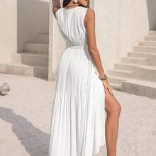 Long Sleeveless Casual Vacation Dress With Lace Collar, Suitable For Bohemian, Beach, Tropical Resort Occasions, New Year Party Outfit White Summer Elegant - Verde - Ver 3