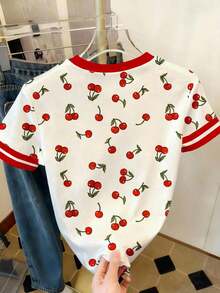 Camiseta de mujer de manga corta y cuello redondo con estampado de cerezas - Multicolor - Ver 2