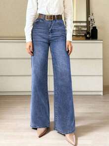 Jeans rectos y holgados para mujer con bolsillos.Sencillos, casuales, elegantes y versátiles, adecuados para todas las estaciones.Perfectos para viajar, la playa y las vacaciones de primavera - Azul medio - Ver 5