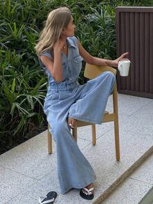 Mono vaquero sin mangas, suelto, con bolsillo en la cintura y decoración de solapa, estilo casual de ciudad para mujer - Lavado ligero - Ver 6