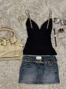 Camiseta ajustada de patchwork para mujeres - Negro - Ver 2