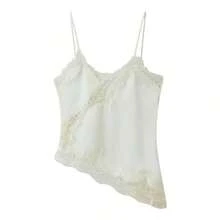 Camiseta sin mangas asimétrica de encaje con contraste de unicolor para mujer, elegante top holgado sin mangas casual de verano - Blanco - Ver 4