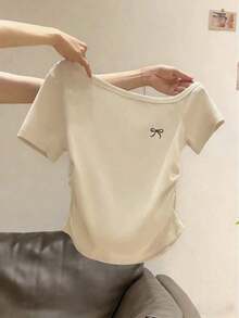 Camiseta casual de mujer con cuello asimétrico y decoración de cuentas, para verano - Albaricoque - Ver 9