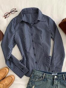 Camisa de manga larga de ajuste ceñido con cintura anudada a rayas rosa, blusa a rayas amarilla para mujer, nueva colección de otoño - Azul 2 - Ver 6