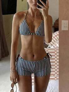 Conjunto de traje de baño de verano para mujer, elegante, romántico, casual, dulce, lindo y sexy.Conjunto básico y versátil de top de bikini halter con estampado floral azul y blanco, Bottom triangular y shorts, apto para playa, resort, spa, lun - Multicolor 6 - Ver 7