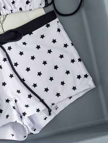 Conjunto de bikini de 2 piezas para mujer - Estampado de estrella con ribete sólido, parte superior tipo triángulo con escote halter (adornada con acentos de cuentas), Bottom tipo short de tiro alto, elegante ropa de playa de verano, traje de baño de tira - Blanco y Negro - Ver 5