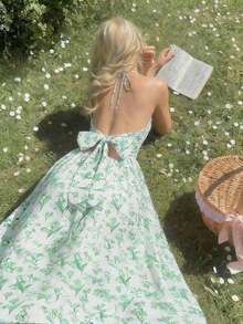Vestido de verano con estampado floral elegante y lazo en la cintura para mujer - Verde - Ver 7