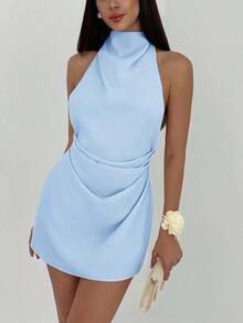 Vestido mini plisado de mujer con espalda abierta y atado - Celeste - Ver 3