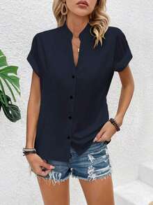 Blusa de manga corta de murciélago de unicolor para mujer, blusas de manga corta - Azul marino - Ver 3