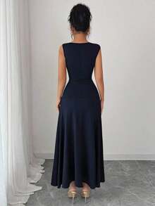 Nuevo vestido casual y elegante para mujer con cuello asimétrico, decoración metálica y cintura fruncida para vacaciones - azul real - Ver 2