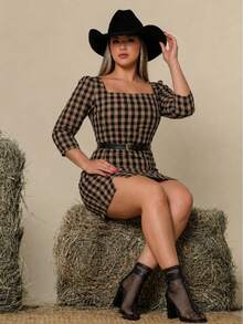 Short Checkered Dress, Mid-Season, 3/4 Sleeve, Plus Size, Stylish, Fashionable For June Festivals, Square Dances, Country Dances, And Cowboys. - 棕色/黑色 - 查看 7
