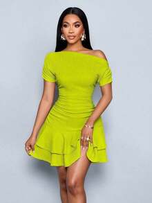 Vestido mini con mangas largas, cuello asimétrico, doble volante y pliegues en color albaricoque elegante para fiesta y día en tejido de punto - Verde 2 - Ver 6