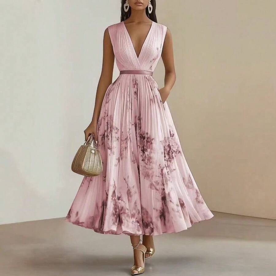Women's Sleeveless Printed Midi Dress, Elegant And Modern Long V-Neck, Ideal For Holidays And Casual Events - 粉色 - 查看 1