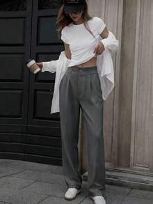 505 Women's Dress Pants, High Waist, Casual, Sophisticated, Elegant, Modern, Casual, Blogger, National Shipping Refresh Your Summer Promo Summer 3.3 Striped Pants, Women's Mo Fashion - 灰色 - 查看 3
