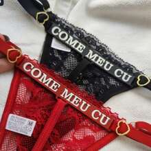 Sexy Lace Thong Panty With Neon Phrase "Come On M.Eu C.U" Glows In The Dark - 黑色 - 查看 2