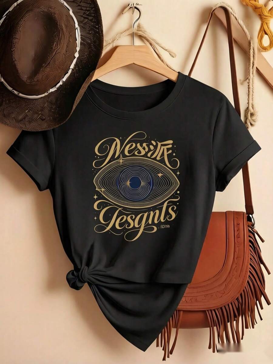 Women's Cotton Hummingbird Graphic Tee, Vintage Black Short Sleeve T-Shirt for Fall, Medium Stretch Boho Style Top - Negro - Ver 1