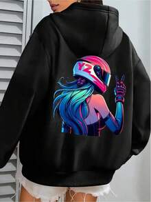Women's Casual Summer Top, Stylish Design, Printed With A Motorcyclist Making A Peace Sign. This Fashionable Casual Sporty Hoodie Features A Printed Back, Drawstring Design, Loose Fit, And Kangaroo Pockets, Suitable For Everyday Wear. - Black - View 4