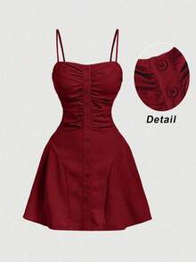 Vestido camisero corto con decoración de botones para mujer, amarillo pálido - Rojo - Ver 2