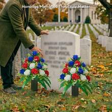 Memorial Day Cemetery Flower Bouquet, Red White Blue Artificial Flowers, Patriotic Cemetery Decor, Suitable For Veterans, Outdoor Realistic Flower Bouquet For Gravestone Vase, Wind-Resistant Memorial Flower Bouquet (Vase Not Included) - Multicolor - View 8