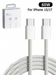 60W Type-C To Type-C Fast Charging Data Cable, Dual USB-C Braided Sync Cord, Compatible With IPhone 16/15/17 Pro Max Plus, POCO, With Packaging - White - View 1