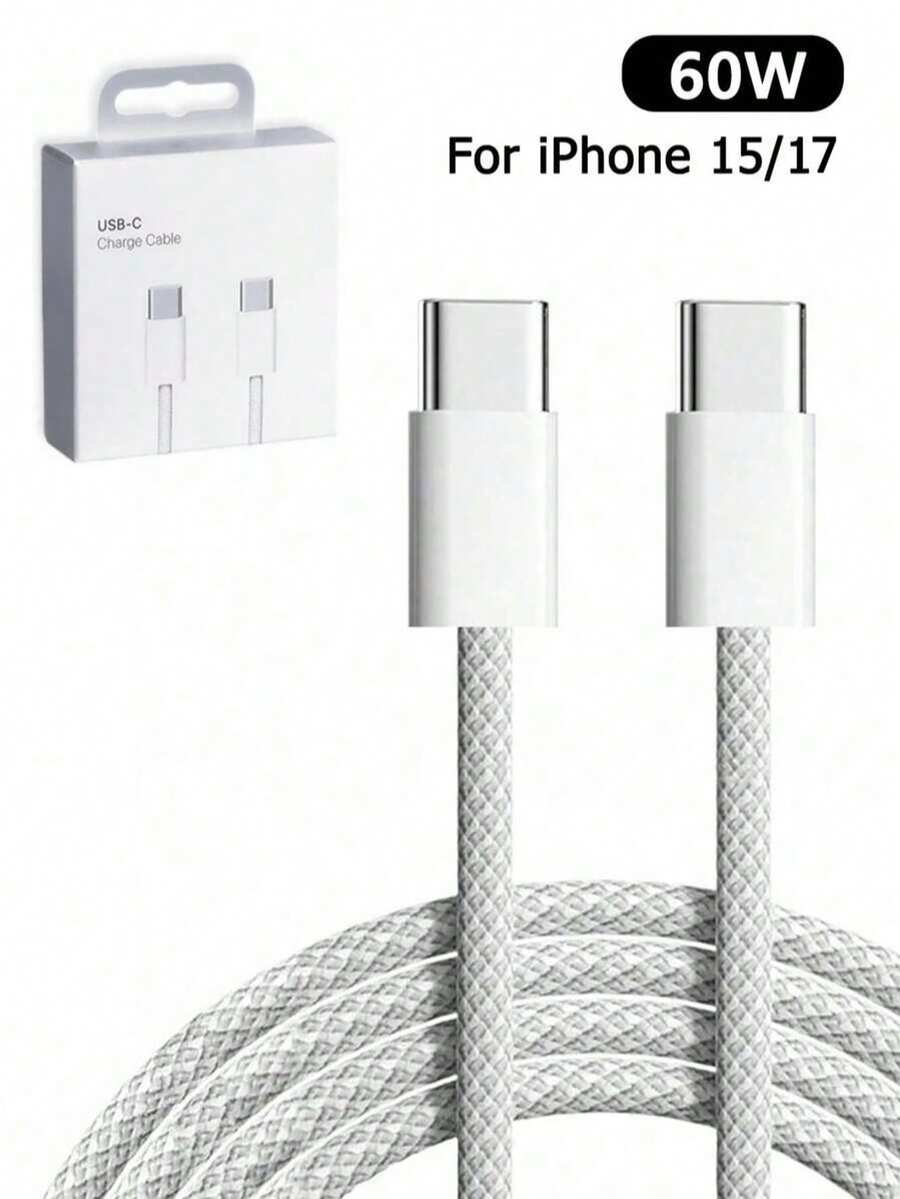 60W Type-C To Type-C Fast Charging Data Cable, Dual USB-C Braided Sync Cord, Compatible With IPhone 16/15/17 Pro Max Plus, POCO, With Packaging - White - View 1