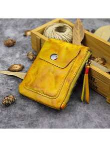 Vintage Style Handmade Top Grain Leather Wallet - Carved Minimalist Short Card Holder With Coin Pouch - Yellow - View 5