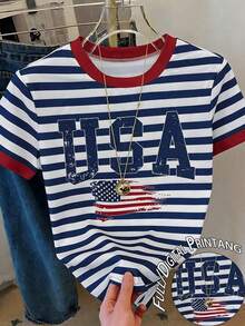 Camiseta de manga corta de verano con cuello redondo, estampado de cereza y rayas, de estilo casual para mujer - Multicolor 10 - Ver 5