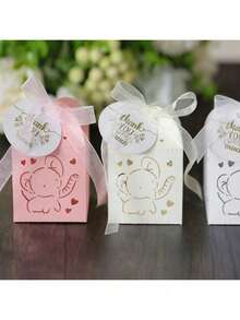 25pcs/50pcs Per Pack Elephant Candy Gift Small Square Box, Birthday Party Chocolate Packaging Box 5*5*8cm, Includes Ribbon And Thank You Tag, Suitable For Christening, Holiday Gifts Packaging And Decoration - Multicolor - View 4