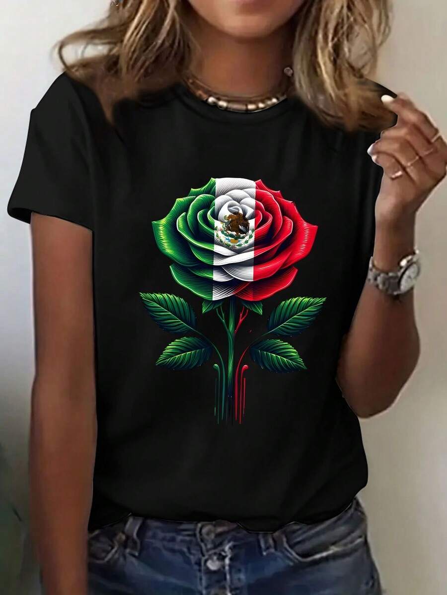 Women's T-Shirt With Mexican Flag And Rose Print - Mexican Eagle And Cactus Design In Green, White And Red, Short Sleeve, Breathable And Lightweight, Summer T-Shirt With Twist Neck, Casual Mexican Pride Outfit (Green/White/Red) - 黑色 - 查看 1