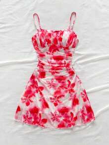 Vestido mini de tirantes finos con línea A, con estampado floral romántico rosa, apropiado para fiesta, cita, Día de San Valentín, Pascua, carnaval, crucero de playa, té de la tarde, moda de primavera/verano - Rojo y blanco - Ver 4
