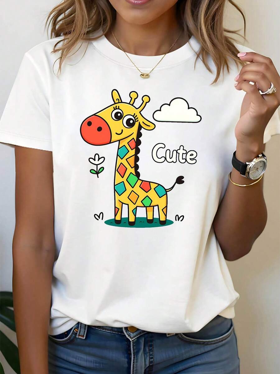 Lindo dibujos animados jirafa corazón flor gráfica impresión T - camisa mujer primavera - verano corto - manga tripulación - cuello casual T - camisa, ocio diario, regalo de vacaciones