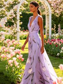 Vestido Maxi Fiesta 2026 Sin Mangas Cuello V Profundo Estampado Tulipanes Multicolor - Morado - Ver 1