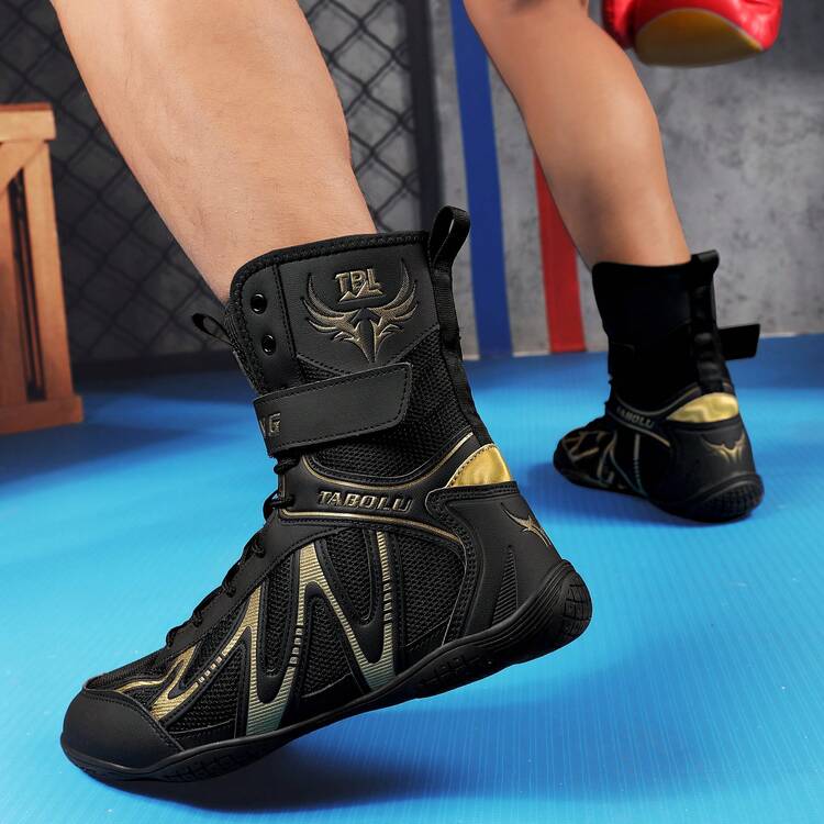 Giày đấu vật nam, giày đấm bốc cổ cao, giày tập luyện, ủng, giày đấm bốc Muay Thai, giày kickboxing thể dục, giày thể thao chuyên nghiệp chất lượng cao dành cho nam, thoải mái, chống trơn trượt, bền, thoáng khí, thiết kế có vân bảo vệ mắt cá chân - Đen 015 - Xem 9