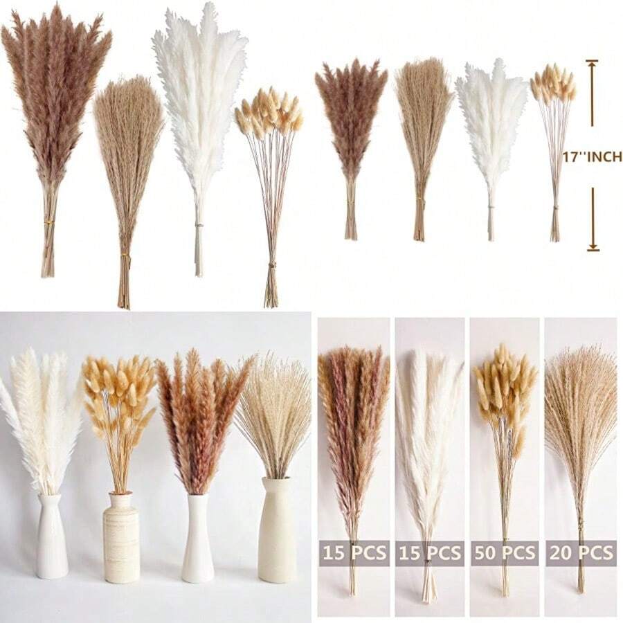 PCS Small Boho Pampas Grass 17" Naturally Dried Pompas Pampas Grass Decor For Wedding Boho Party Decorations Table Decor Brown And White - Brown White - View 1