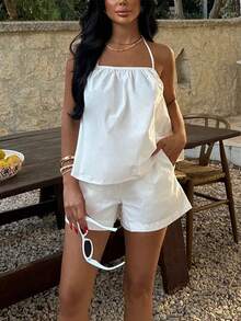 Women's Solid Color Halter Neck Tank Top And Shorts Casual 2-Piece Set White Summer - White - View 4