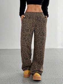 Pantalones rectos de cintura alta con estampado de leopardo retro, cintura elástica con cordón, estilo callejero casual de chica americana, para primavera y otoño - Multicolor 2 - Ver 11