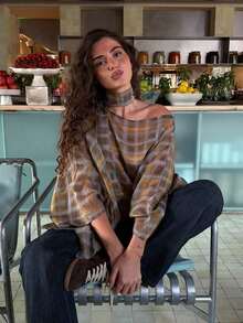 Poncho de mujer con cuello redondo y mangas de murciélago a cuadros, elegante ropa de primavera para damas - enrejado - Ver 8