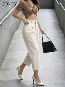 DONICY Pantalones anchos de tiro alto y plisados en color beige, con estilo de corte recto, adecuados tanto para uso casual como de oficina - Albaricoque - Ver 9