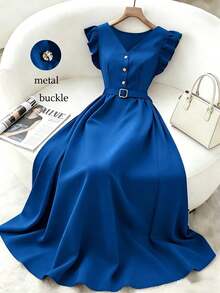 Elegante vestido azul verdoso de cuello en V francés con cintura ceñida y mangas acampanadas con volantes, cinturón con hebilla metálica, para primavera/verano, vestido elegante para damas, ropa de oficina casual, vestido de verano para mujer, vestido de longitud media, vestido de satén mate de alta gama, ropa de verano para mujer, uniforme de maestra - Azul - Ver 1