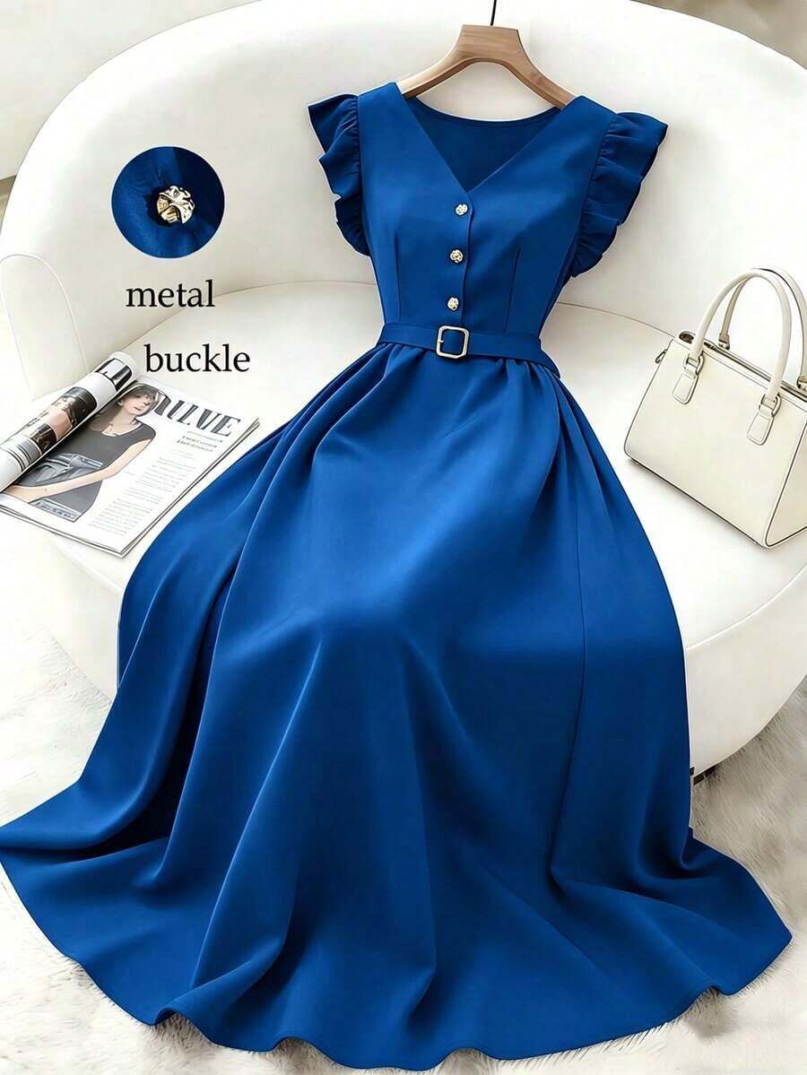 Elegante vestido azul verdoso de cuello en V francés con cintura ceñida y mangas acampanadas con volantes, cinturón con hebilla metálica, para primavera/verano, vestido elegante para damas, ropa de oficina casual, vestido de verano para mujer, vestido de longitud media, vestido de satén mate de alta gama, ropa de verano para mujer, uniforme de maestra - Azul - Ver 1