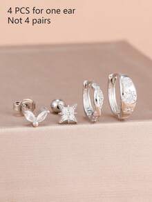 4PCS Fashion Zirconia Round Hoop Earring Set Women Temperament Flower Ear Stud Huggie Earring Tragus Piercing Cartilage Jewelry - 1-silver-4PCS - View 5