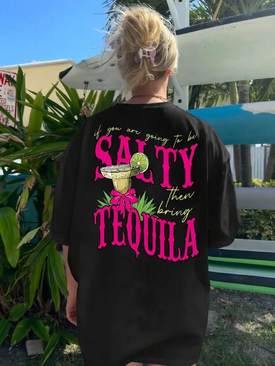 Plus Size - Plus Size - Double-Sided Printed Summer Women'S Casual Plus-Size Round Neck Drop Shoulder T-Shirt, Comfortable And Loose Oversized Printed Top Summer Tops - Black - View 1