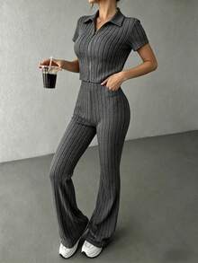KKONE Two-Piece Set: Plain Color Crop Top And Bell Leg Pants - Dark Grey - View 3