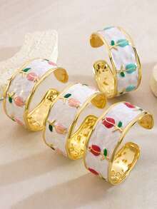 1 pieza Brazalete vintage de esmalte con flor, brazalete de puño abierto con patrón de tulipán de gota de aceite colorido, accesorio para fiesta de jardín - Multicolor - Ver 1