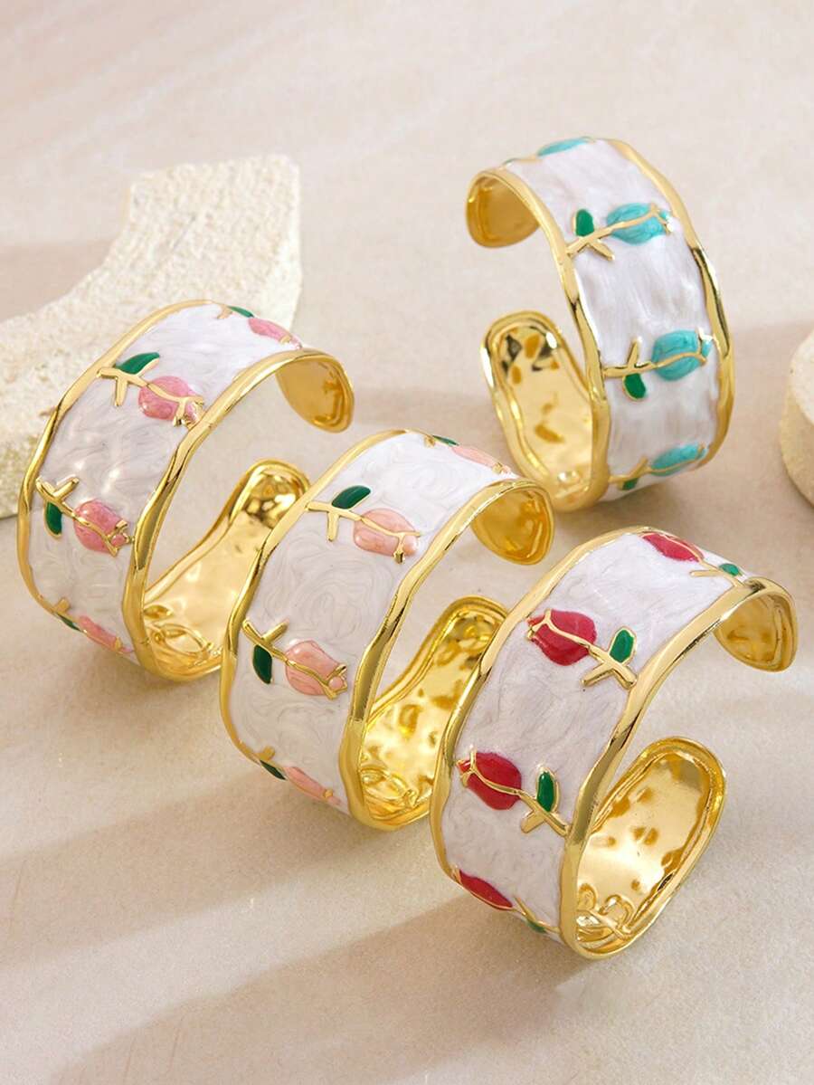 1 pieza Brazalete vintage de esmalte con flor, brazalete de puño abierto con patrón de tulipán de gota de aceite colorido, accesorio para fiesta de jardín - Multicolor - Ver 1