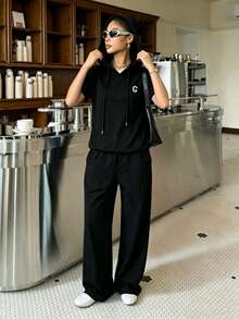 Conjunto de 2 piezas de chaqueta con cremallera y bloqueo de color deportivo, y pantalones anchos de ajuste holgado para mujer - Negro - Ver 4